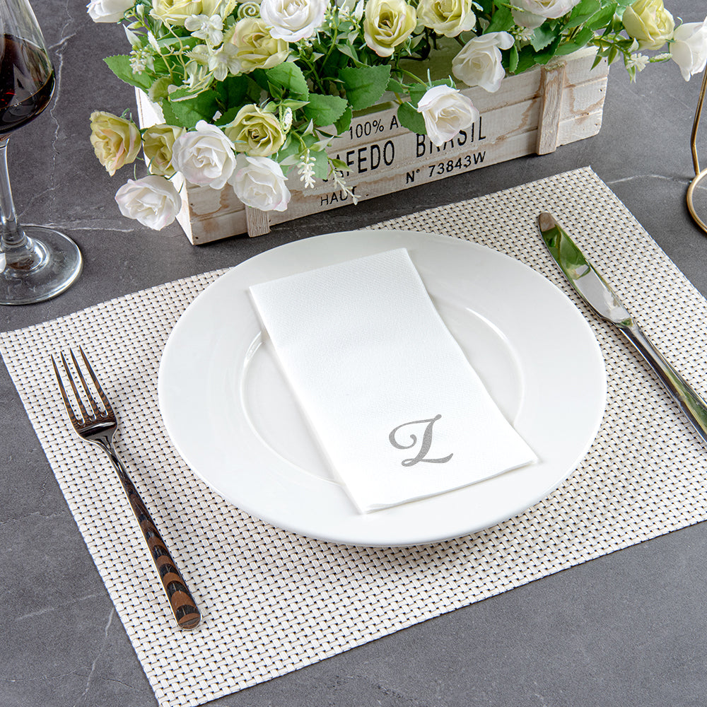 Luxenap Rectangle Silver Letter Z White Paper Linen-Feel Guest Towel / Napkin - Air Laid, Cursive Font - 15 3/4" x 8" - 50 count box