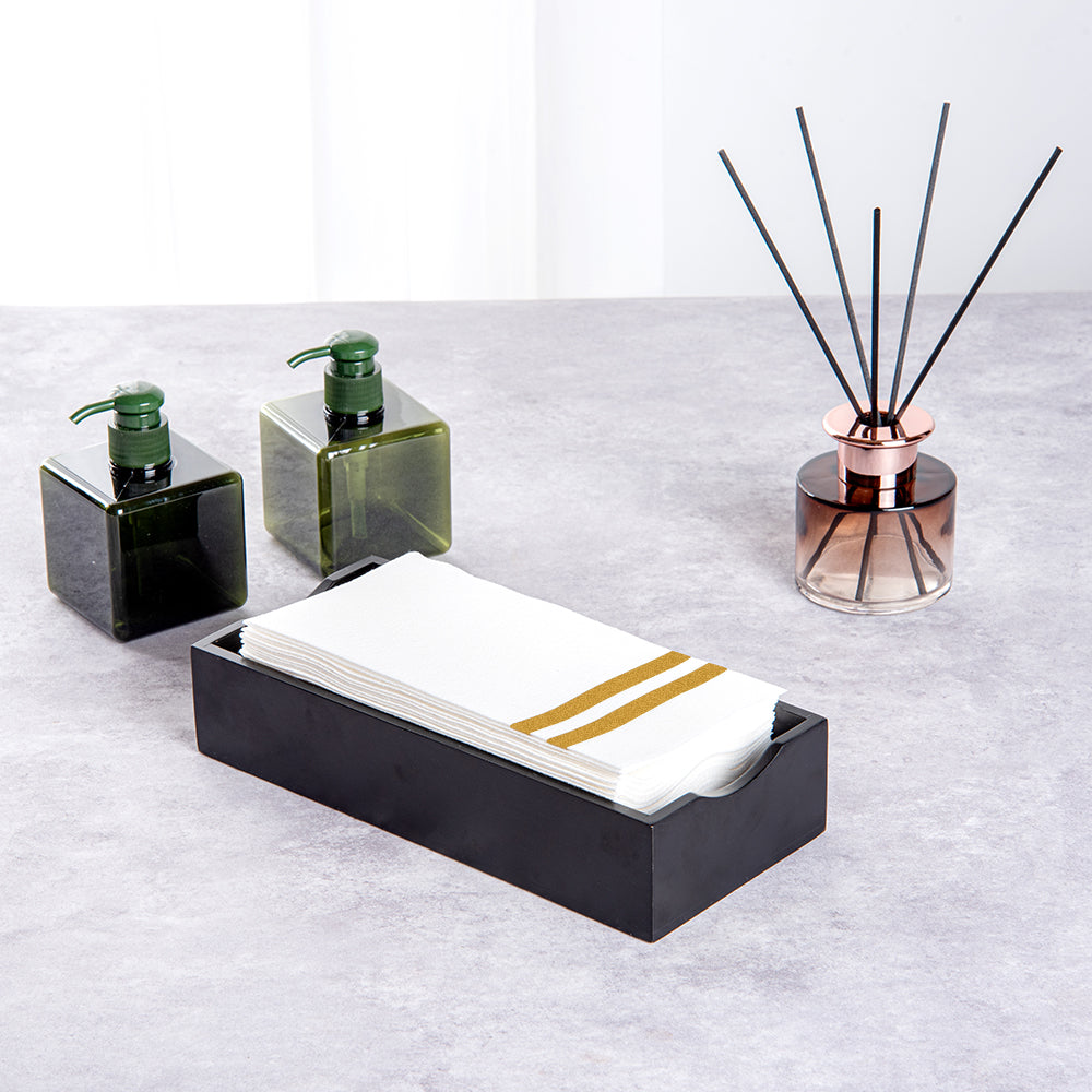 Luxenap Rectangle Gold Striped White Paper Linen-Feel Guest Towel / Napkin - Air Laid - 15 3/4" x 8" - 50 count box