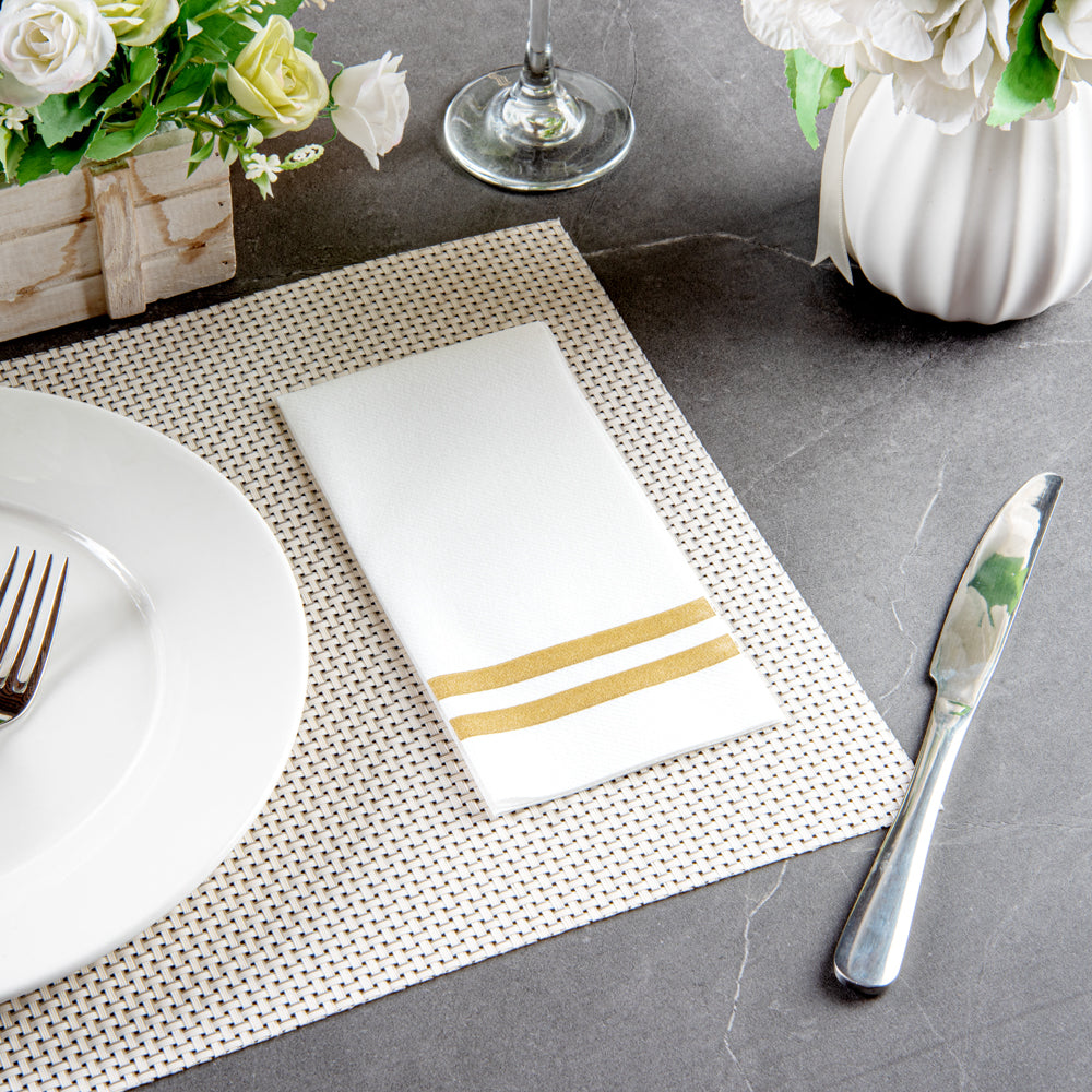 Luxenap Rectangle Gold Striped White Paper Linen-Feel Guest Towel / Napkin - Air Laid - 15 3/4" x 8" - 2000 count box