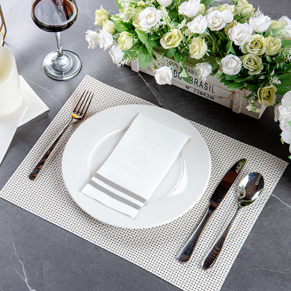 Luxenap Rectangle Silver Striped White Paper Linen-Feel Guest Towel / Napkin - Air Laid - 15 3/4" x 8" - 50 count box