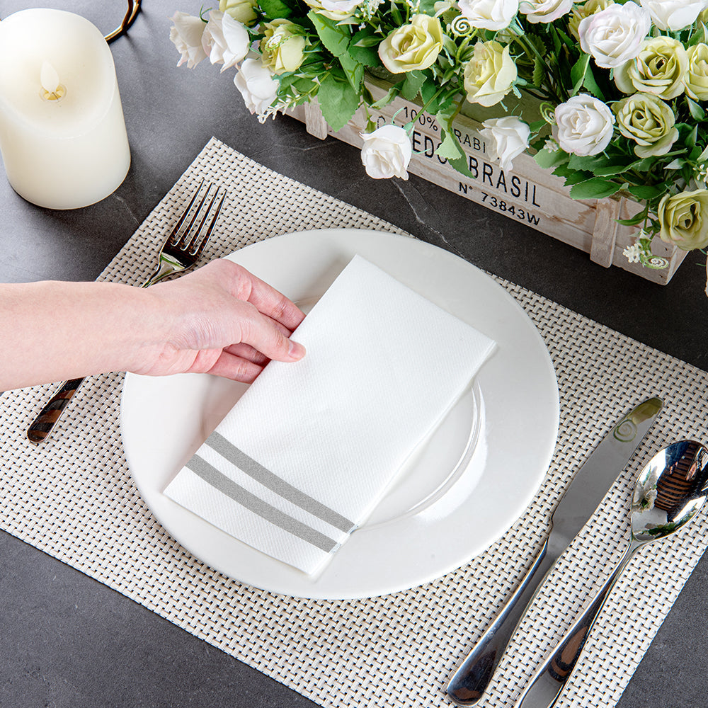 Luxenap Rectangle Silver Striped White Paper Linen-Feel Guest Towel / Napkin - Air Laid - 15 3/4" x 8" - 50 count box