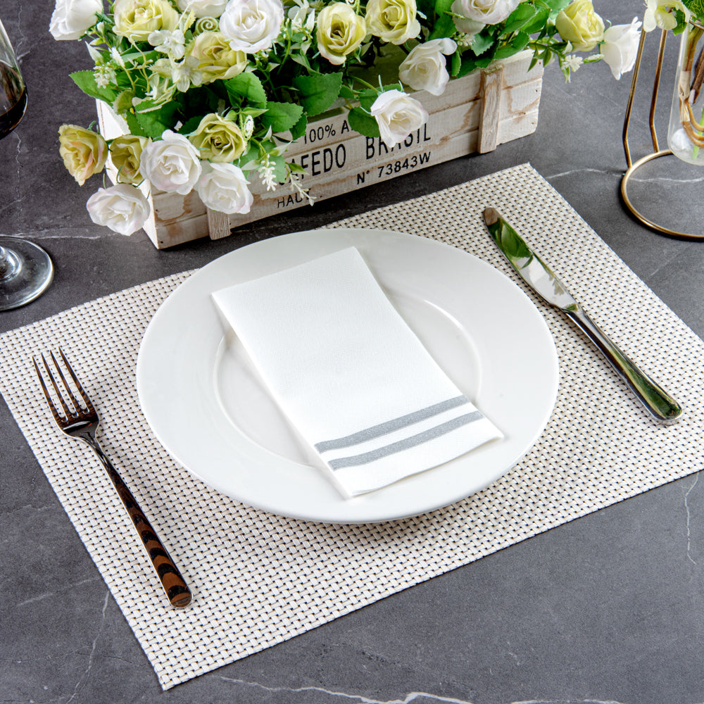 Luxenap Rectangle Silver Striped White Paper Linen-Feel Guest Towel / Napkin - Air Laid - 15 3/4" x 8" - 2000 count box