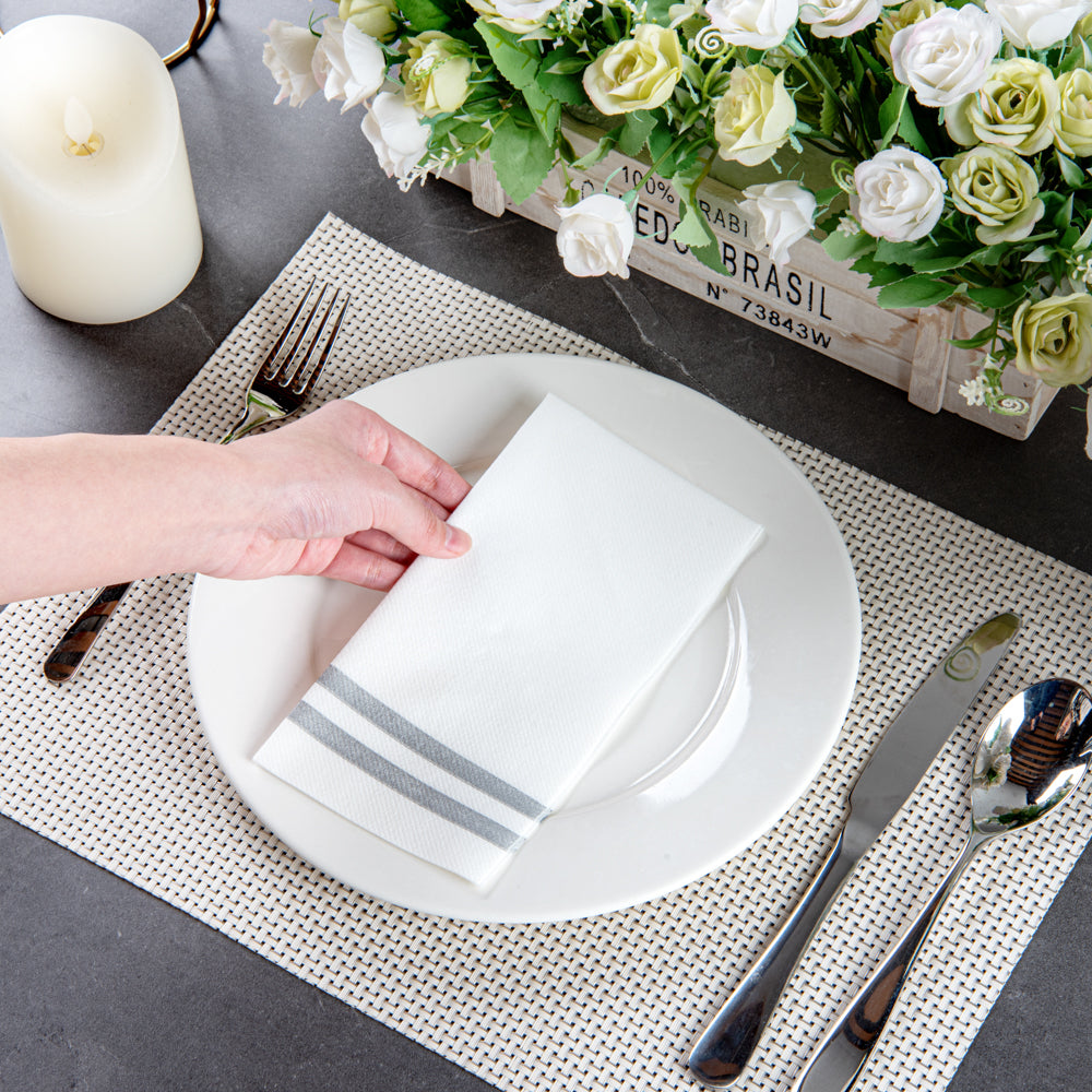 Luxenap Rectangle Silver Striped White Paper Linen-Feel Guest Towel / Napkin - Air Laid - 15 3/4" x 8" - 2000 count box