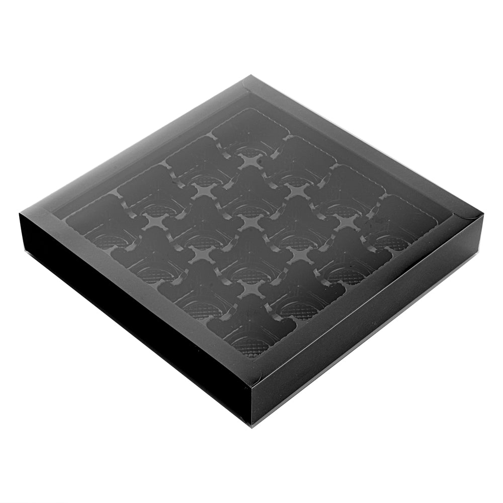 Sweet Vision Square Black Paper Candy / Chocolate Boxes - 16 Compartments - 9" x 9" x 1 1/2" - 10 count box