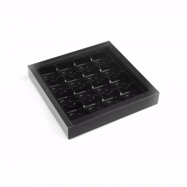 Sweet Vision Square Black Paper Candy / Chocolate Boxes - 16 Compartments - 9" x 9" x 1 1/2" - 100 count box