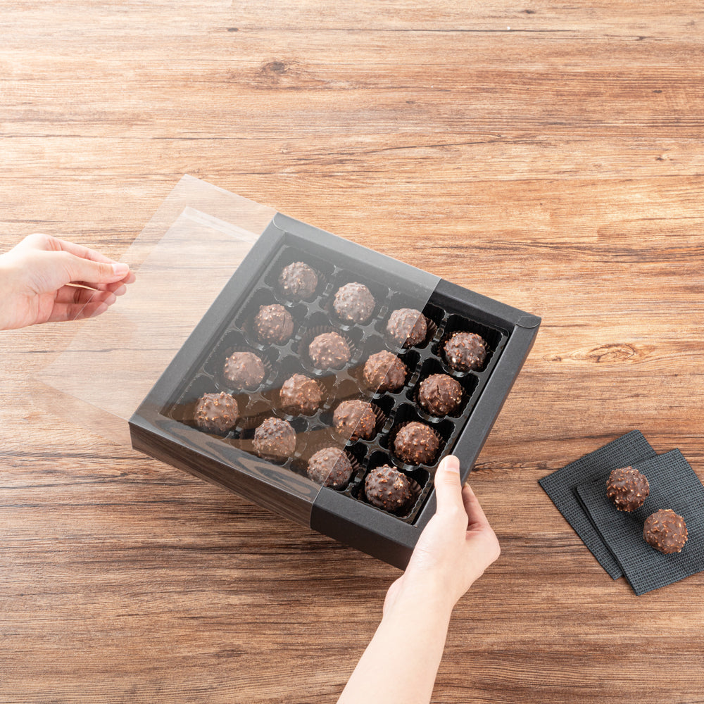 Sweet Vision Square Black Paper Candy / Chocolate Boxes - 16 Compartments - 9" x 9" x 1 1/2" - 100 count box