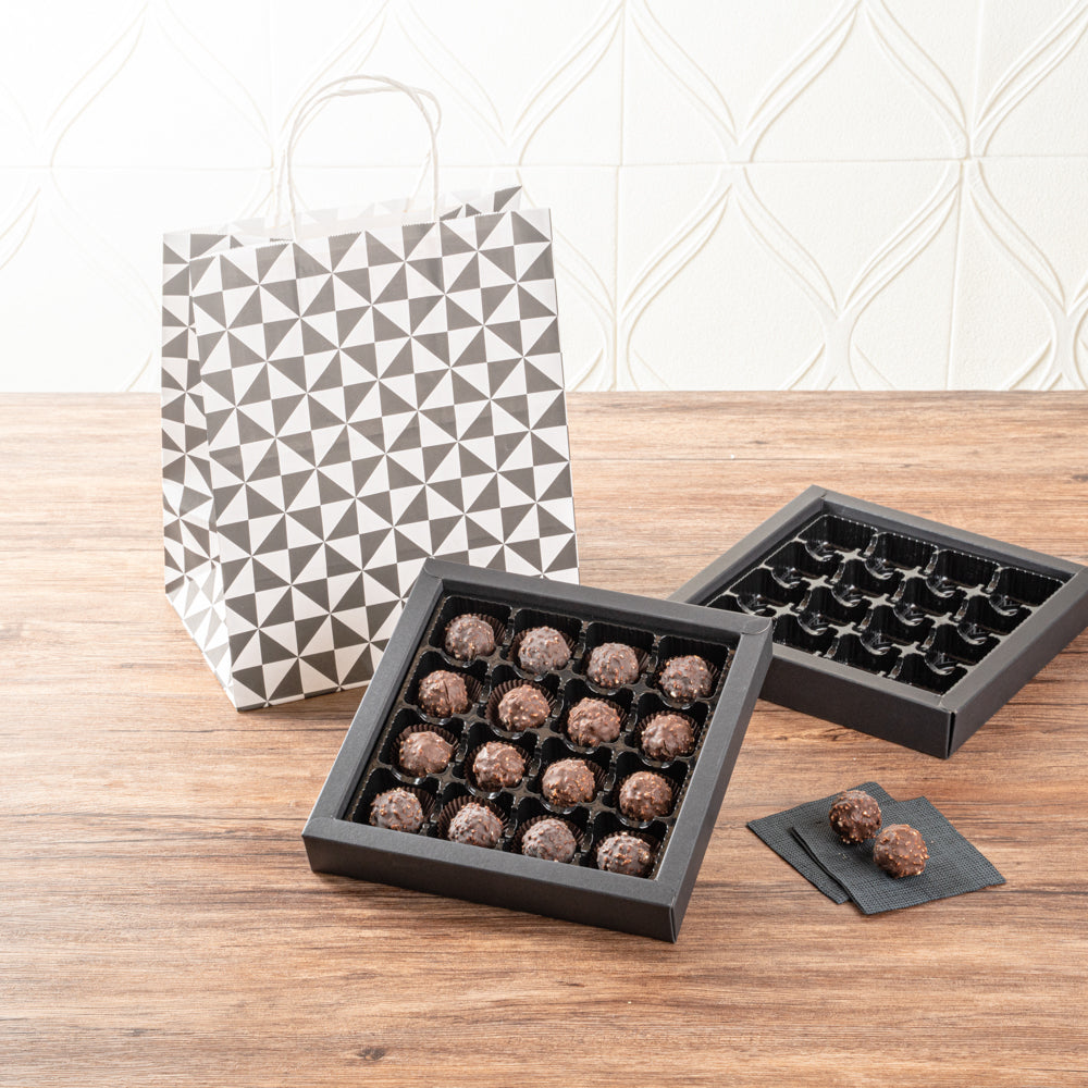 Sweet Vision Square Black Paper Candy / Chocolate Boxes - 16 Compartments - 9" x 9" x 1 1/2" - 100 count box