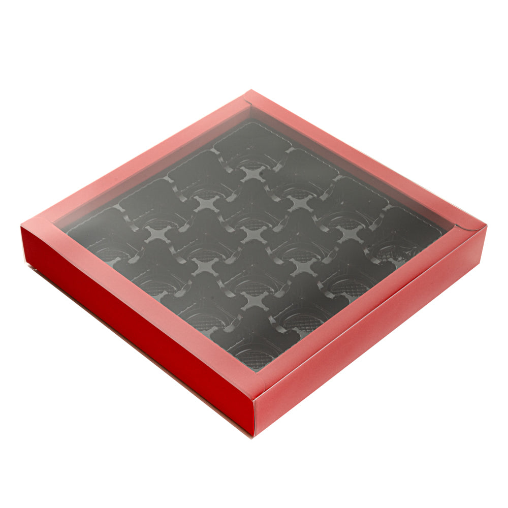 Sweet Vision Square Red Paper Candy / Chocolate Boxes - 16 Compartments - 9" x 9" x 1 1/2" - 10 count box