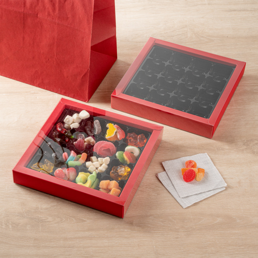 Sweet Vision Square Red Paper Candy / Chocolate Boxes - 16 Compartments - 9" x 9" x 1 1/2" - 10 count box