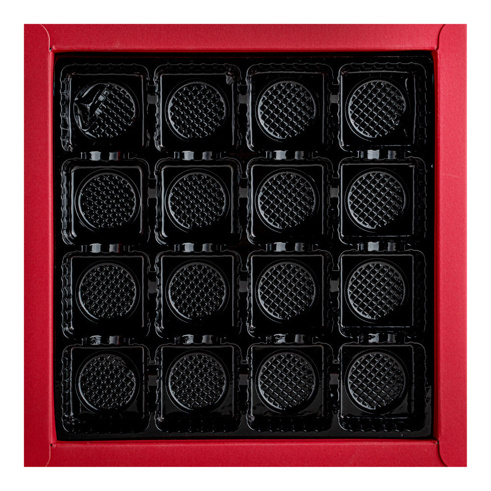 Sweet Vision Square Red Paper Candy / Chocolate Boxes - 16 Compartments - 9" x 9" x 1 1/2" - 10 count box