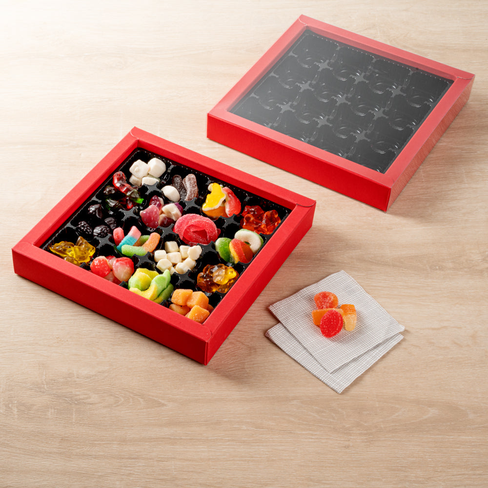 Sweet Vision Square Red Paper Candy / Chocolate Boxes - 16 Compartments - 9" x 9" x 1 1/2" - 10 count box