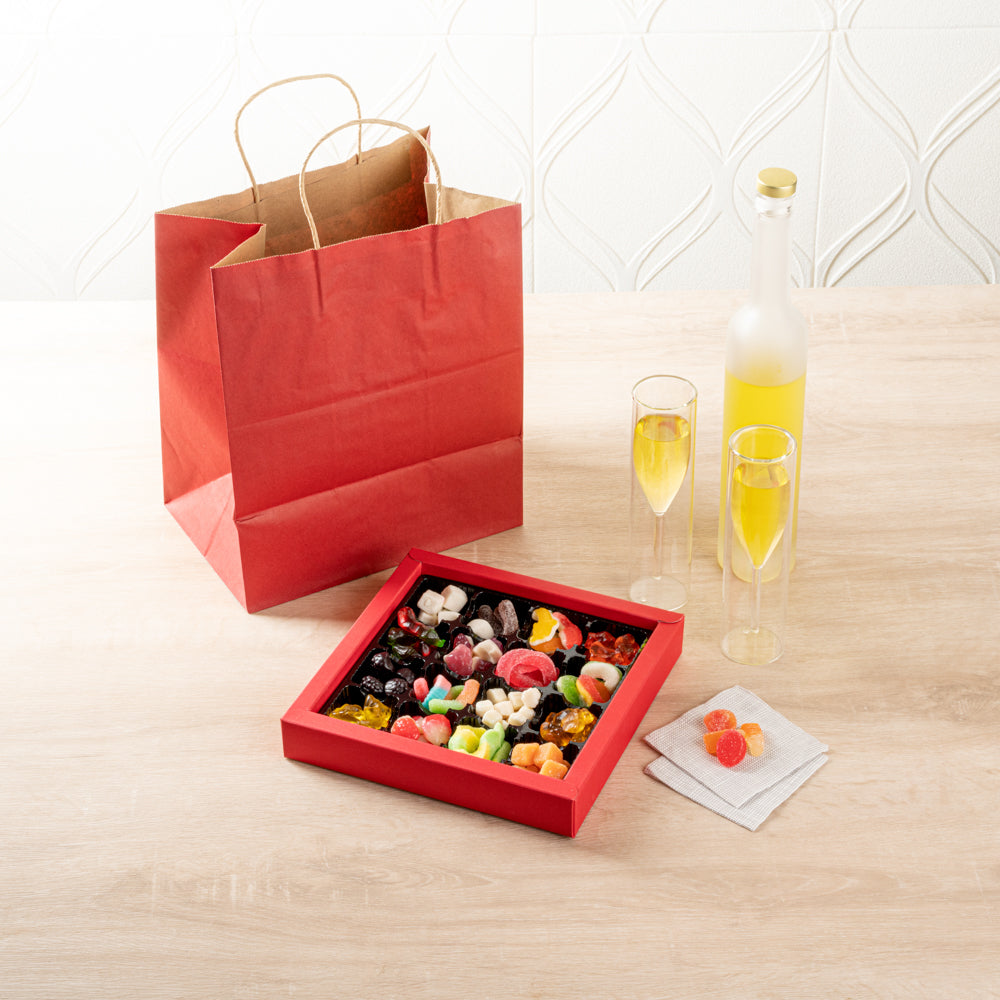 Sweet Vision Square Red Paper Candy / Chocolate Boxes - 16 Compartments - 9" x 9" x 1 1/2" - 10 count box