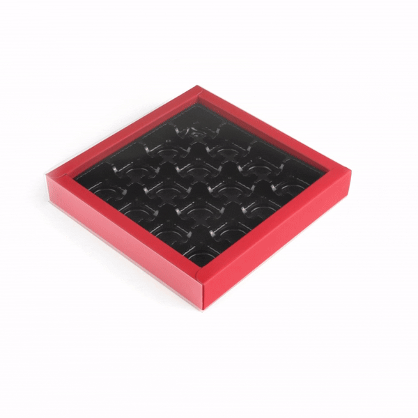 Sweet Vision Square Red Paper Candy / Chocolate Boxes - 16 Compartments - 9" x 9" x 1 1/2" - 100 count box