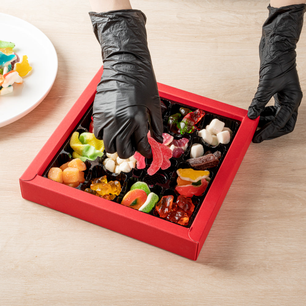 Sweet Vision Square Red Paper Candy / Chocolate Boxes - 16 Compartments - 9" x 9" x 1 1/2" - 100 count box