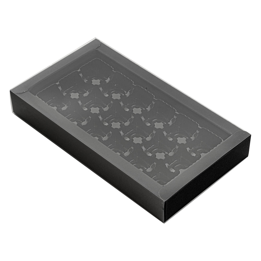 Sweet Vision Rectangle Black Paper Candy / Chocolate Boxes - 18 Compartments - 10" x 5 3/4" x 1 1/2" - 10 count box