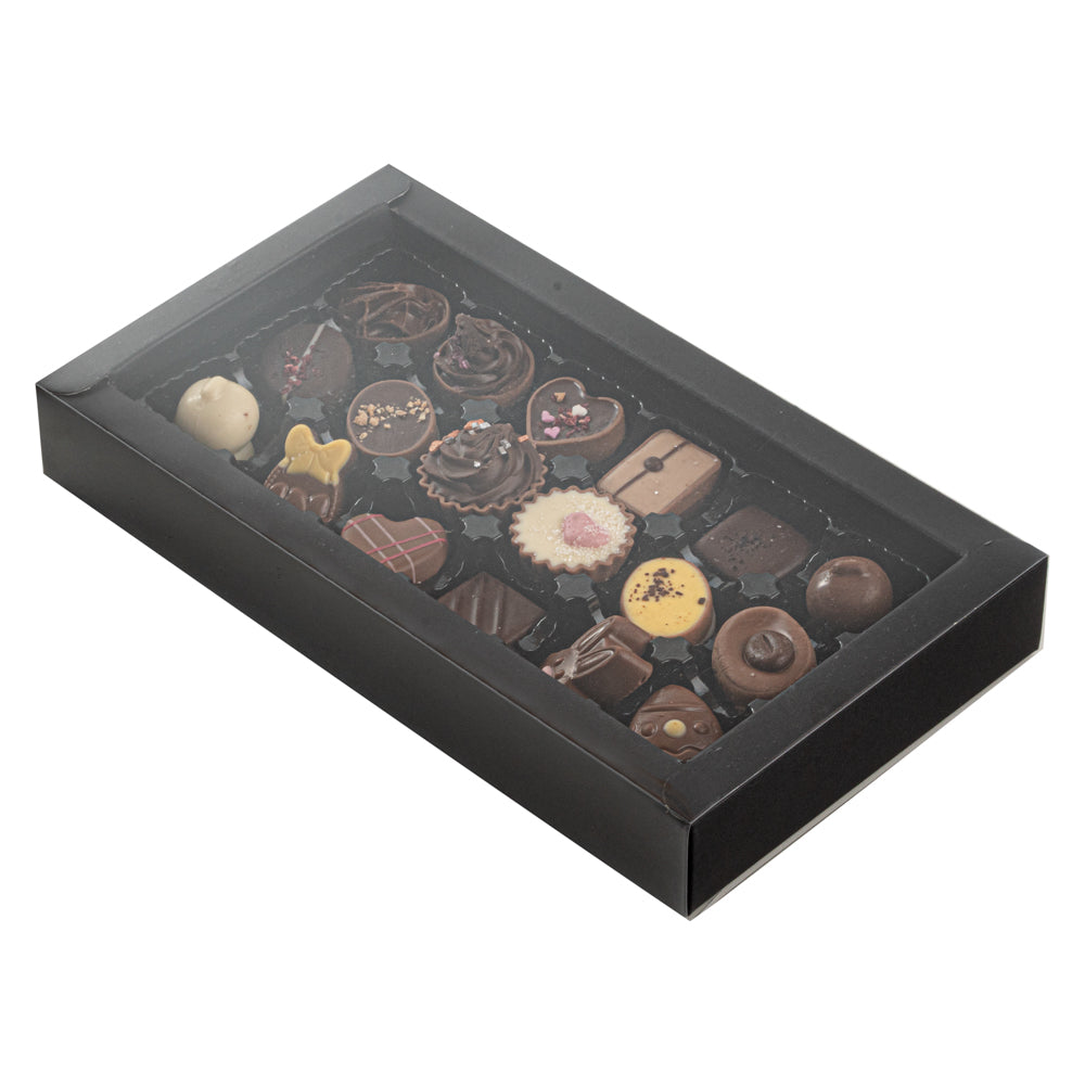 Sweet Vision Rectangle Black Paper Candy / Chocolate Boxes - 18 Compartments - 10" x 5 3/4" x 1 1/2" - 10 count box