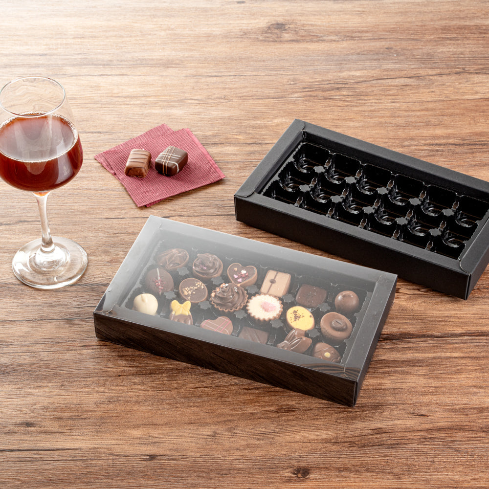 Sweet Vision Rectangle Black Paper Candy / Chocolate Boxes - 18 Compartments - 10" x 5 3/4" x 1 1/2" - 100 count box