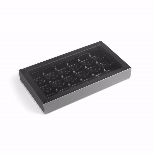 Sweet Vision Rectangle Black Paper Candy / Chocolate Boxes - 18 Compartments - 10" x 5 3/4" x 1 1/2" - 100 count box