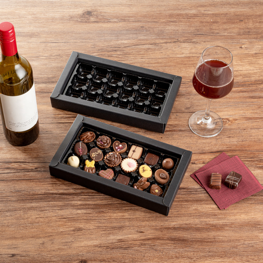 Sweet Vision Rectangle Black Paper Candy / Chocolate Boxes - 18 Compartments - 10" x 5 3/4" x 1 1/2" - 100 count box