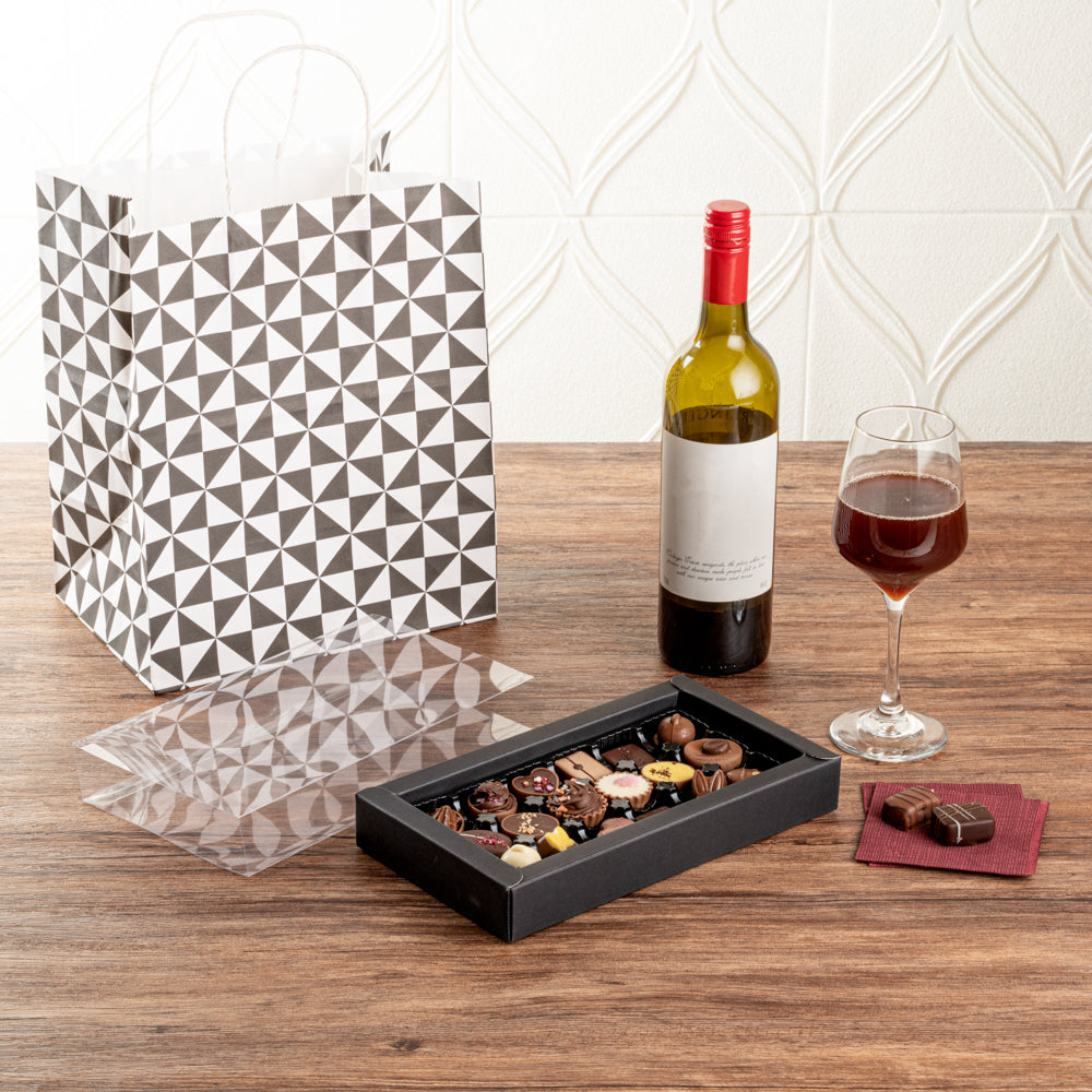 Sweet Vision Rectangle Black Paper Candy / Chocolate Boxes - 18 Compartments - 10" x 5 3/4" x 1 1/2" - 100 count box