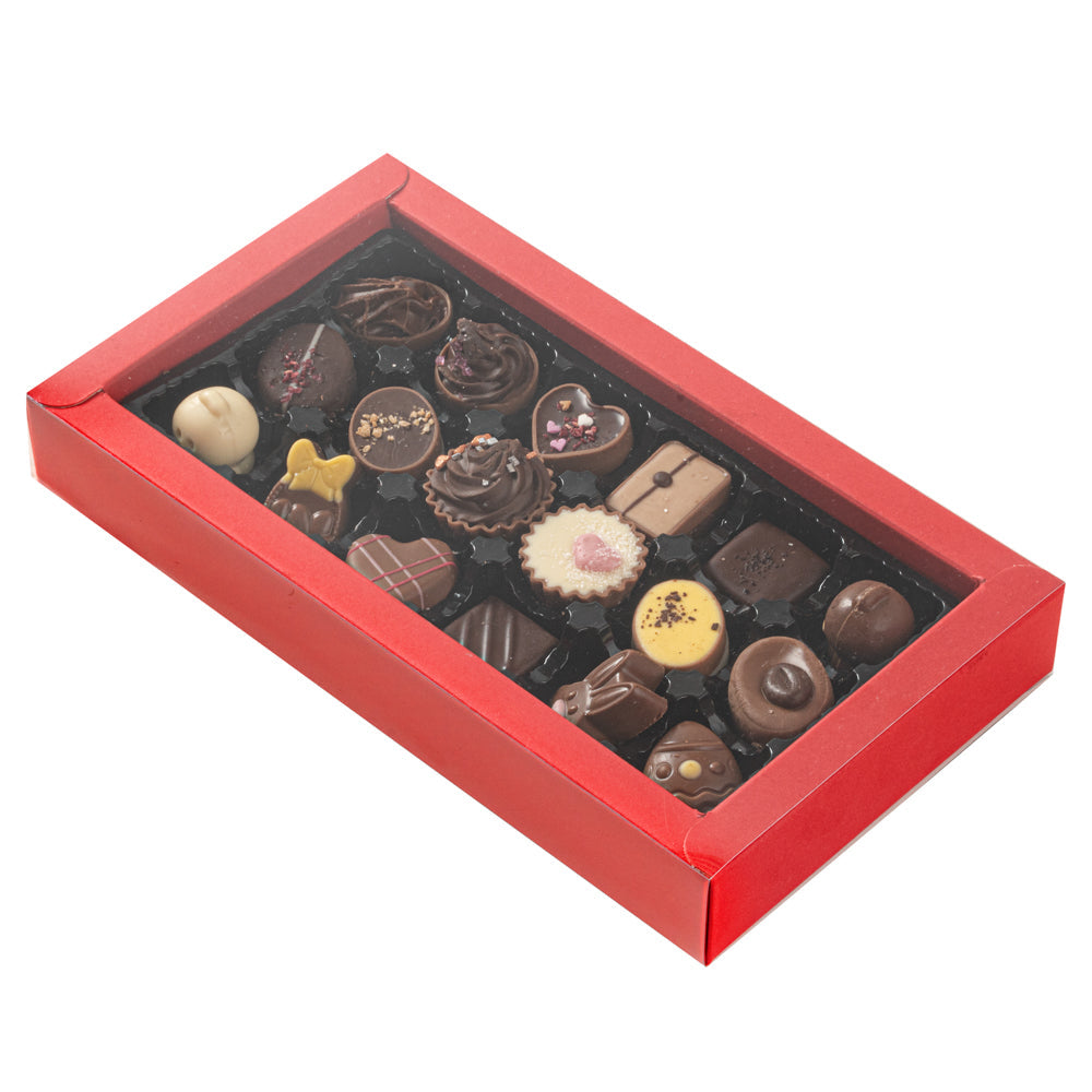 Sweet Vision Rectangle Red Paper Candy / Chocolate Boxes - 18 Compartments - 10" x 5 3/4" x 1 1/2" - 10 count box