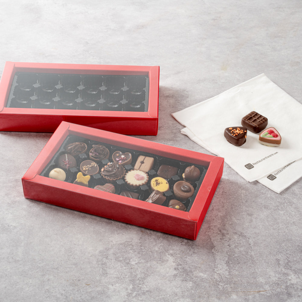 Sweet Vision Rectangle Red Paper Candy / Chocolate Boxes - 18 Compartments - 10" x 5 3/4" x 1 1/2" - 10 count box