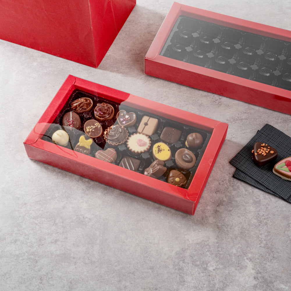 Sweet Vision Rectangle Red Paper Candy / Chocolate Boxes - 18 Compartments - 10" x 5 3/4" x 1 1/2" - 100 count box