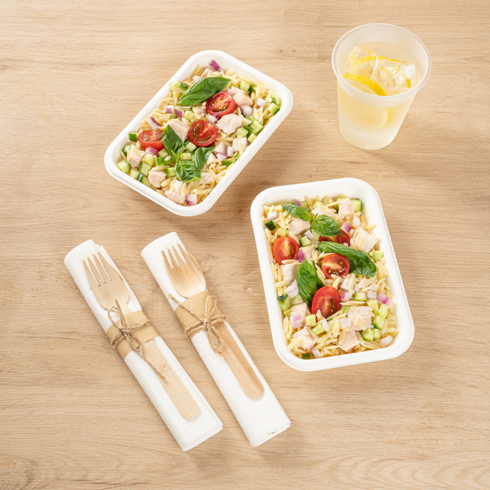 Pulp Safe No PFAS Added 12 oz Rectangle White Sugarcane / Bagasse Container - Home Compostable - 7" x 4 1/2" x 1" - 100 count box