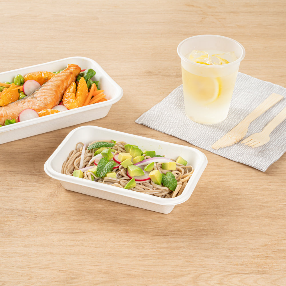 Pulp Safe No PFAS Added 16 oz Rectangle White Sugarcane / Bagasse Container - Home Compostable - 7" x 4 1/2" x 1 1/2" - 100 count box