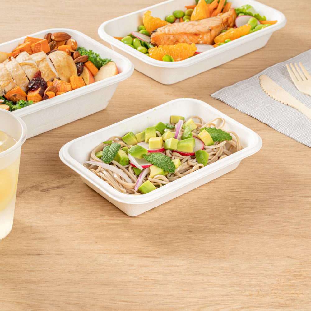 Pulp Safe No PFAS Added 16 oz Rectangle White Sugarcane / Bagasse Container - Home Compostable - 7" x 4 1/2" x 1 1/2" - 100 count box