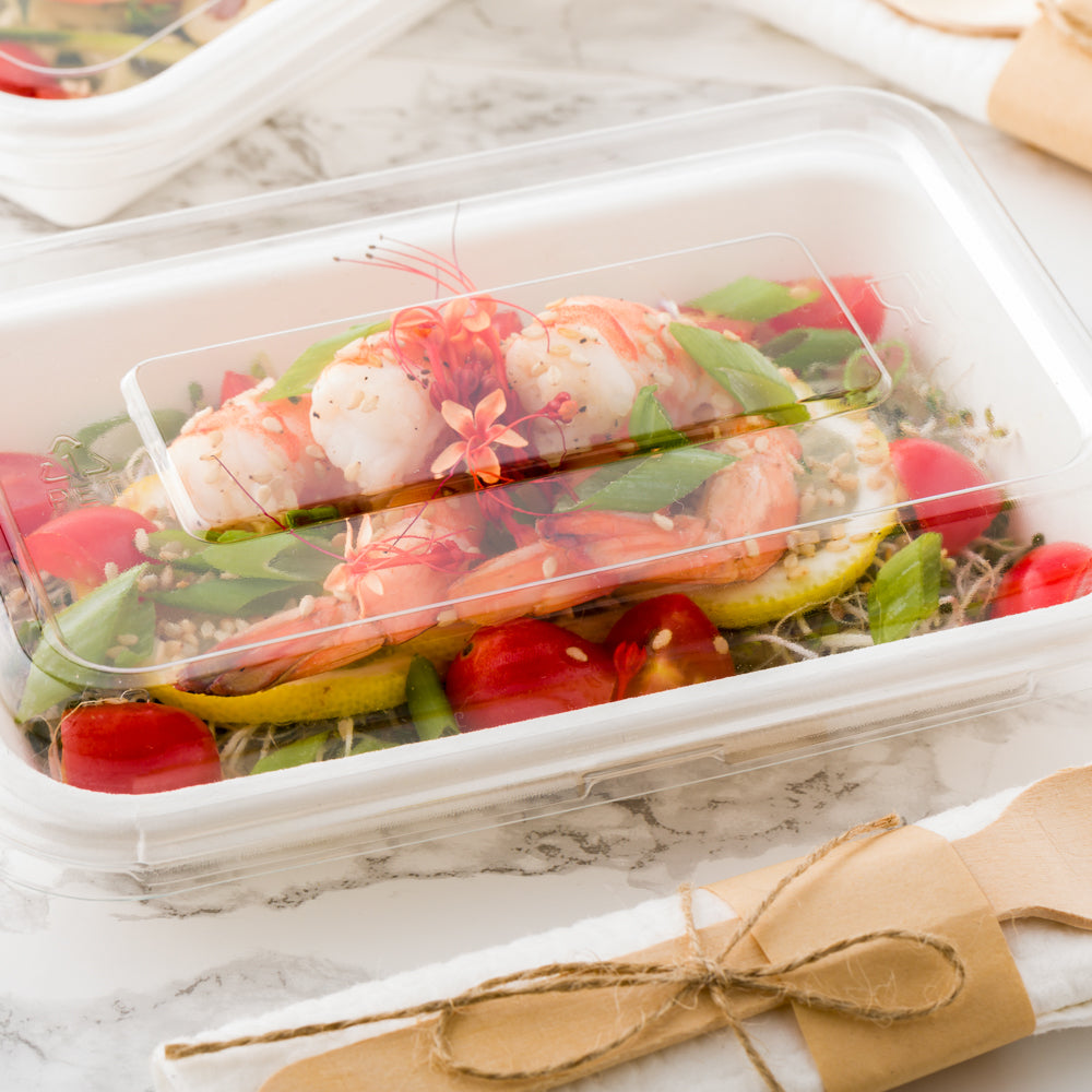 Pulp Safe No PFAS Added 16 oz Rectangle White Sugarcane / Bagasse Container - Home Compostable - 7" x 4 1/2" x 1 1/2" - 100 count box
