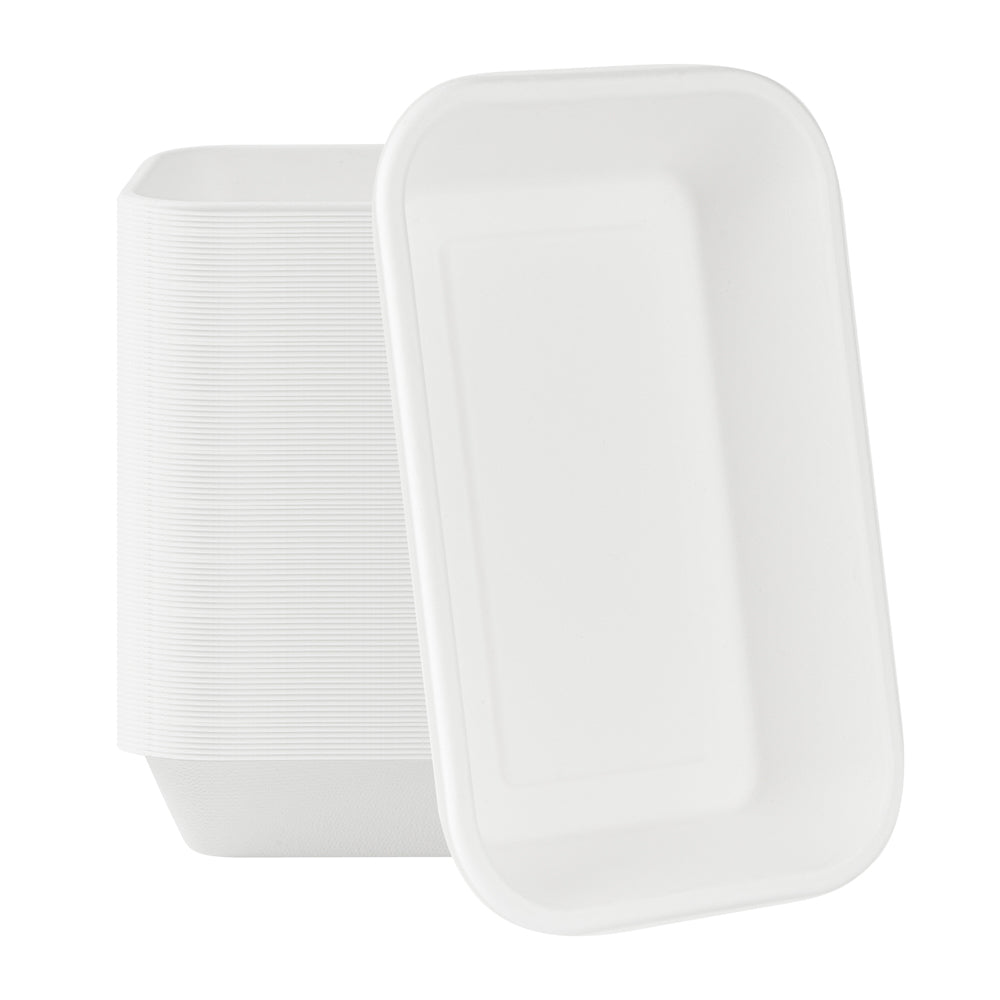 Pulp Safe No PFAS Added 24 oz Rectangle White Sugarcane / Bagasse Container - Home Compostable - 8 1/4" x 5 1/2" x 1 1/2" - 100 count box