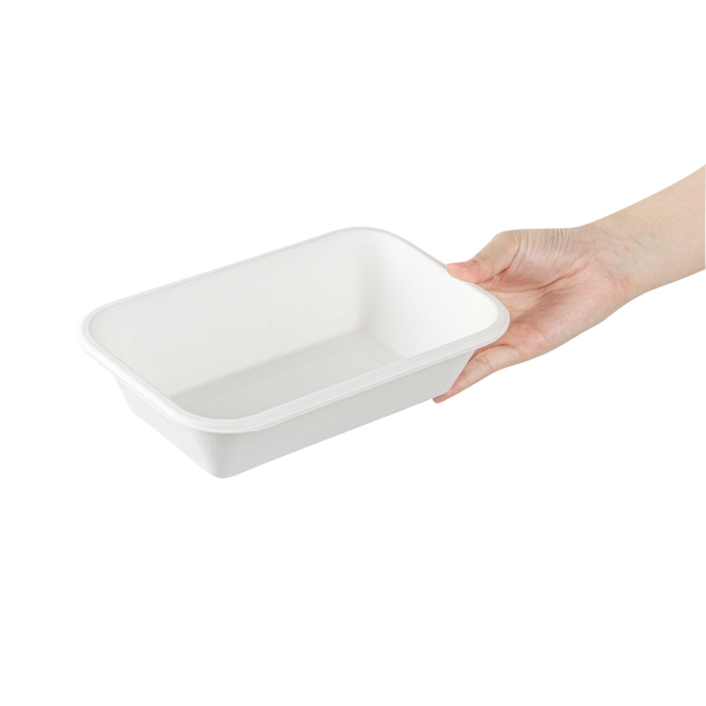 Pulp Safe No PFAS Added 32 oz Rectangle White Sugarcane / Bagasse Container - Home Compostable - 8 1/4" x 5 1/2" x 2 1/4" - 100 count box