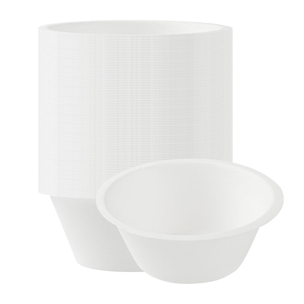 Pulp Safe No PFAS Added 8 oz Round White Sugarcane / Bagasse Salad Bowl - Home Compostable - 4 1/2" x 4 1/2" x 1 3/4" - 100 count box
