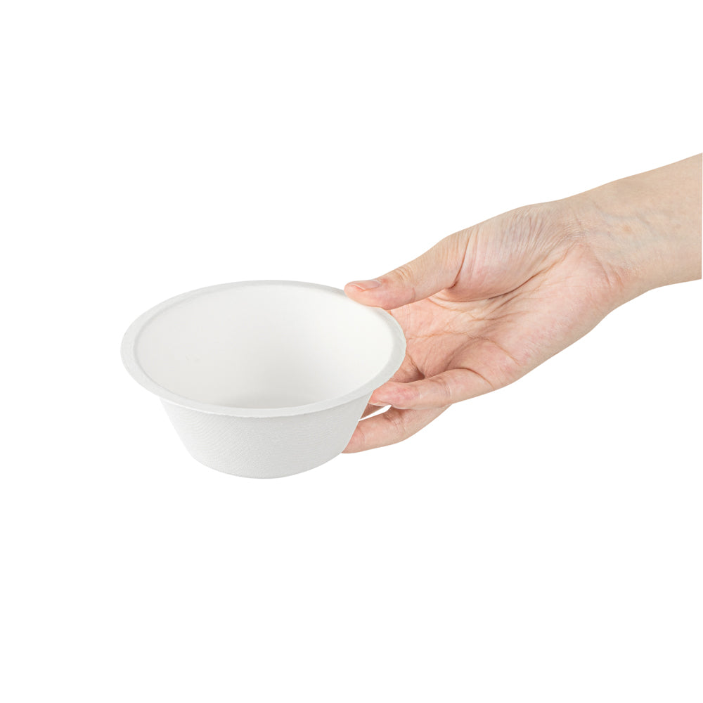 Pulp Safe No PFAS Added 8 oz Round White Sugarcane / Bagasse Salad Bowl - Home Compostable - 4 1/2" x 4 1/2" x 1 3/4" - 100 count box