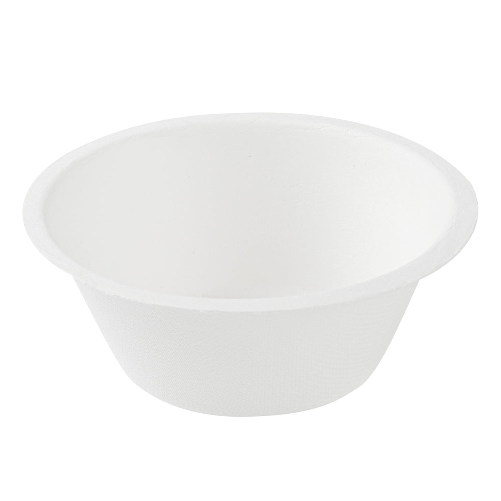 Pulp Safe No PFAS Added 8 oz Round White Sugarcane / Bagasse Salad Bowl - Home Compostable - 4 1/2" x 4 1/2" x 1 3/4" - 100 count box