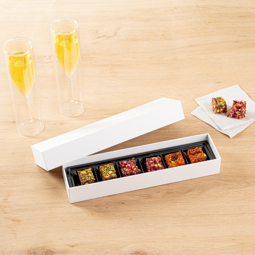 Sweet Vision Rectangle White Paper Candy / Chocolate Boxes - 6 Compartments - 10 3/4" x 2 3/4" x 1 1/2" - 10 count box