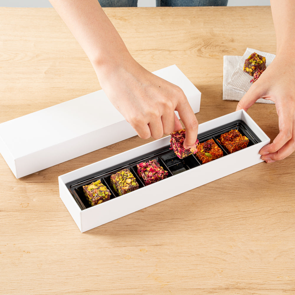 Sweet Vision Rectangle White Paper Candy / Chocolate Boxes - 6 Compartments - 10 3/4" x 2 3/4" x 1 1/2" - 10 count box
