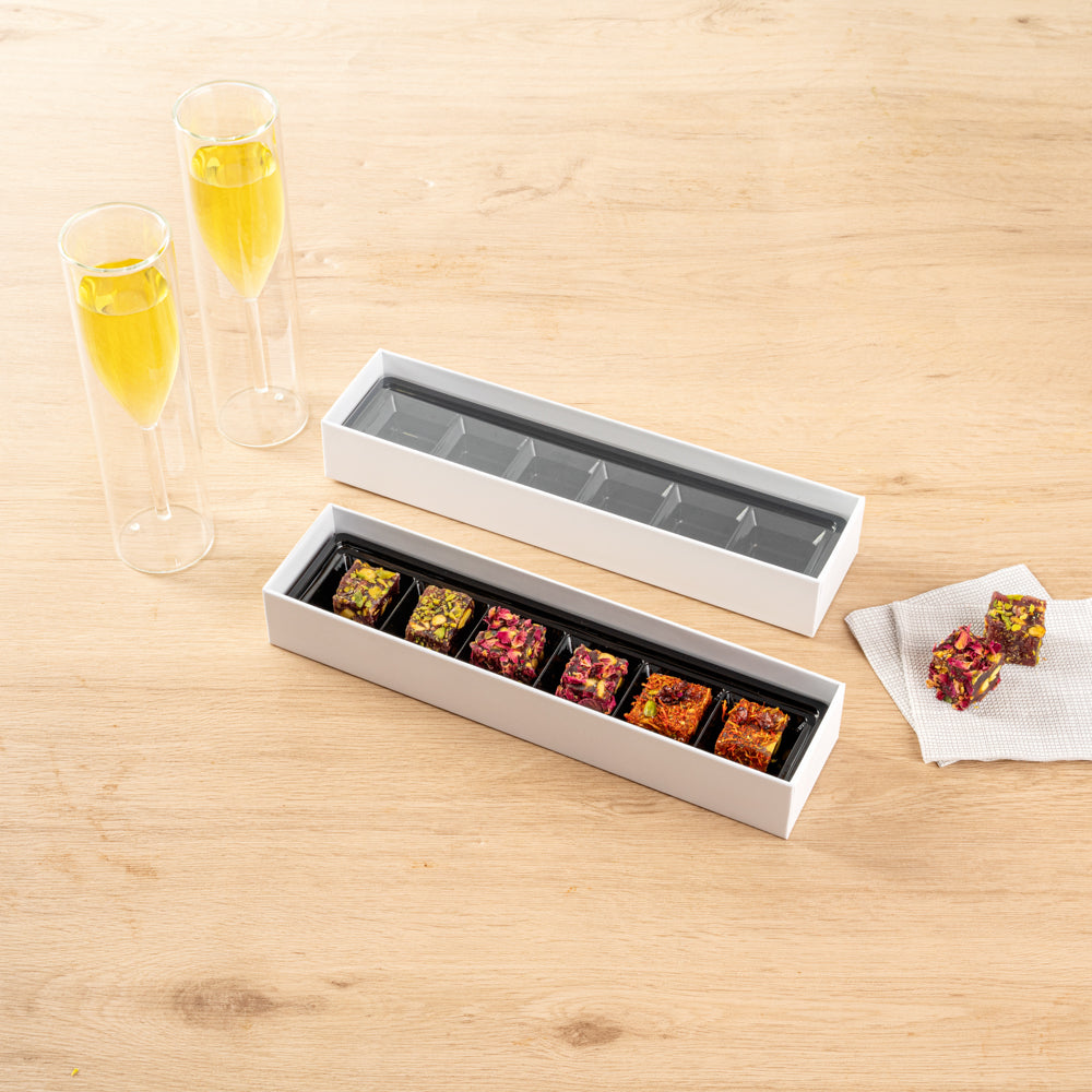 Sweet Vision Rectangle White Paper Candy / Chocolate Boxes - 6 Compartments - 10 3/4" x 2 3/4" x 1 1/2" - 100 count box