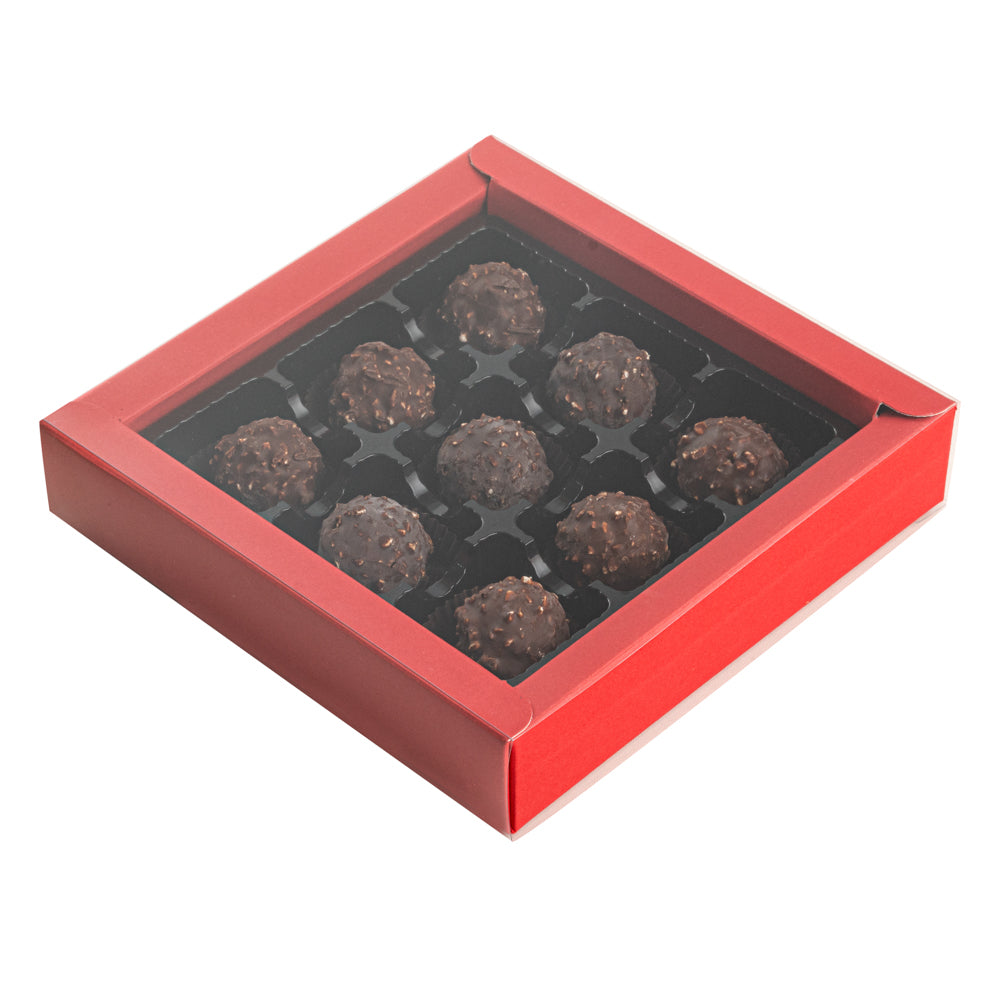 Sweet Vision Square Red Paper Candy / Chocolate Boxes - 9 Compartments - 7 1/4" x 7 1/4" x 1 1/2" - 10 count box