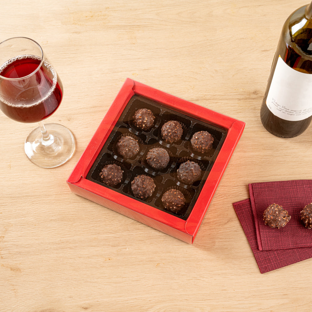 Sweet Vision Square Red Paper Candy / Chocolate Boxes - 9 Compartments - 7 1/4" x 7 1/4" x 1 1/2" - 10 count box