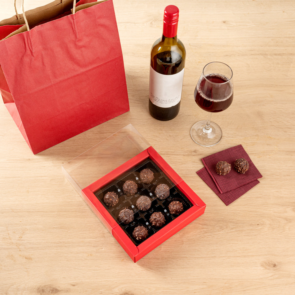 Sweet Vision Square Red Paper Candy / Chocolate Boxes - 9 Compartments - 7 1/4" x 7 1/4" x 1 1/2" - 10 count box