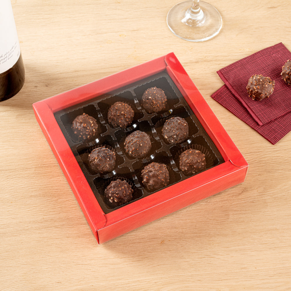 Sweet Vision Square Red Paper Candy / Chocolate Boxes - 9 Compartments - 7 1/4" x 7 1/4" x 1 1/2" - 100 count box