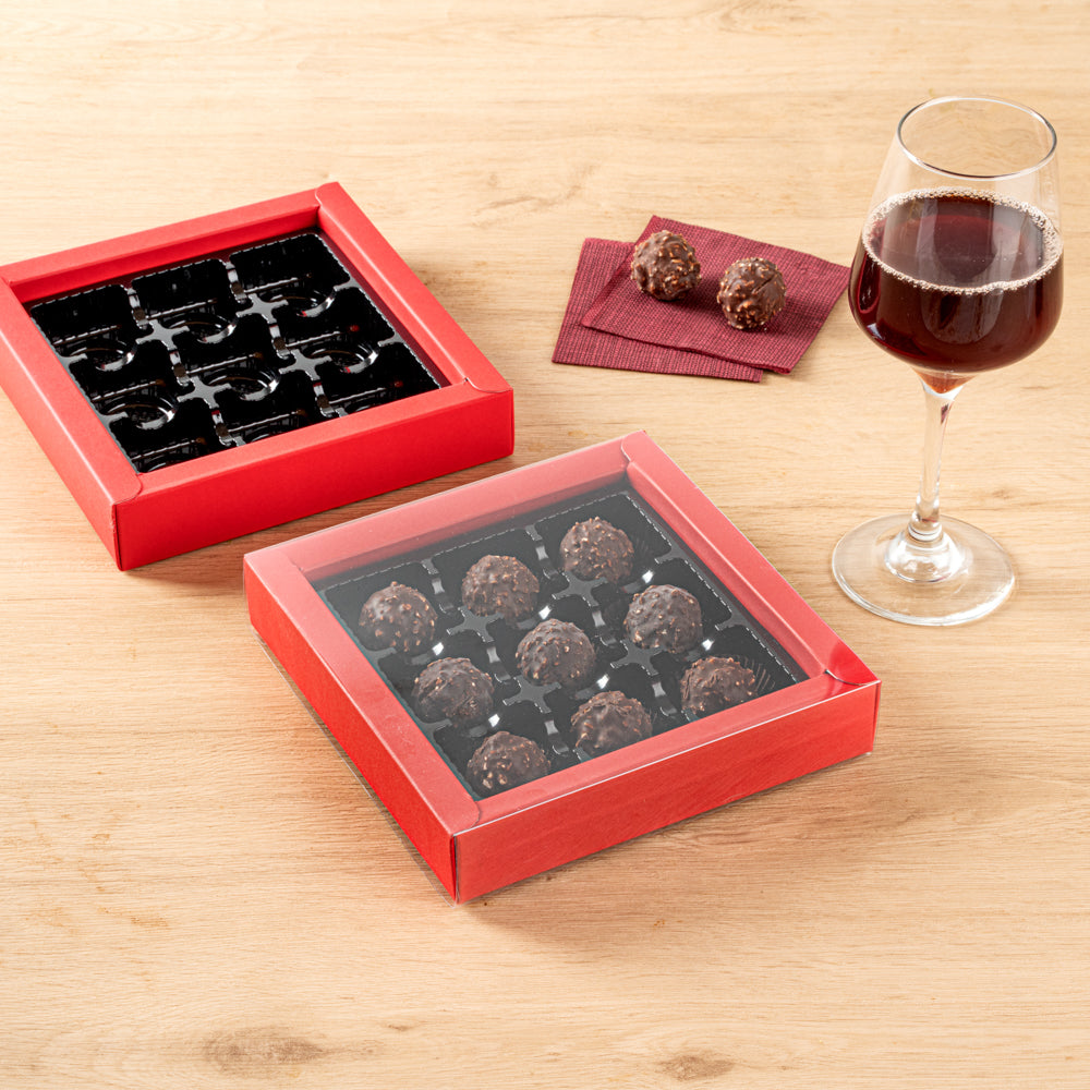 Sweet Vision Square Red Paper Candy / Chocolate Boxes - 9 Compartments - 7 1/4" x 7 1/4" x 1 1/2" - 100 count box