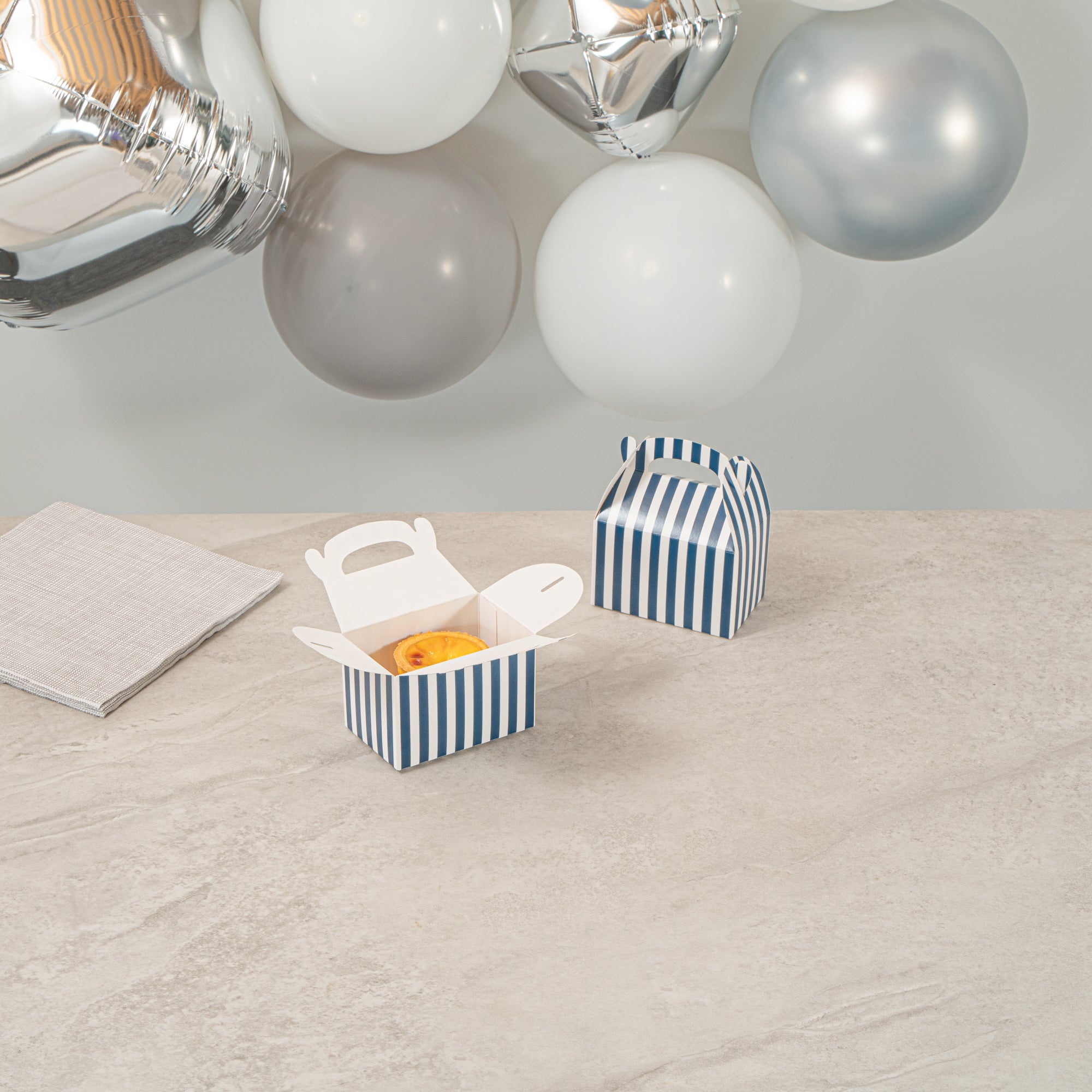 Bio Tek Blue & White Stripe Paper Gable Box / Take Out Container - Compostable - 4" x 2 1/2" x 2 1/2" - 100 count box