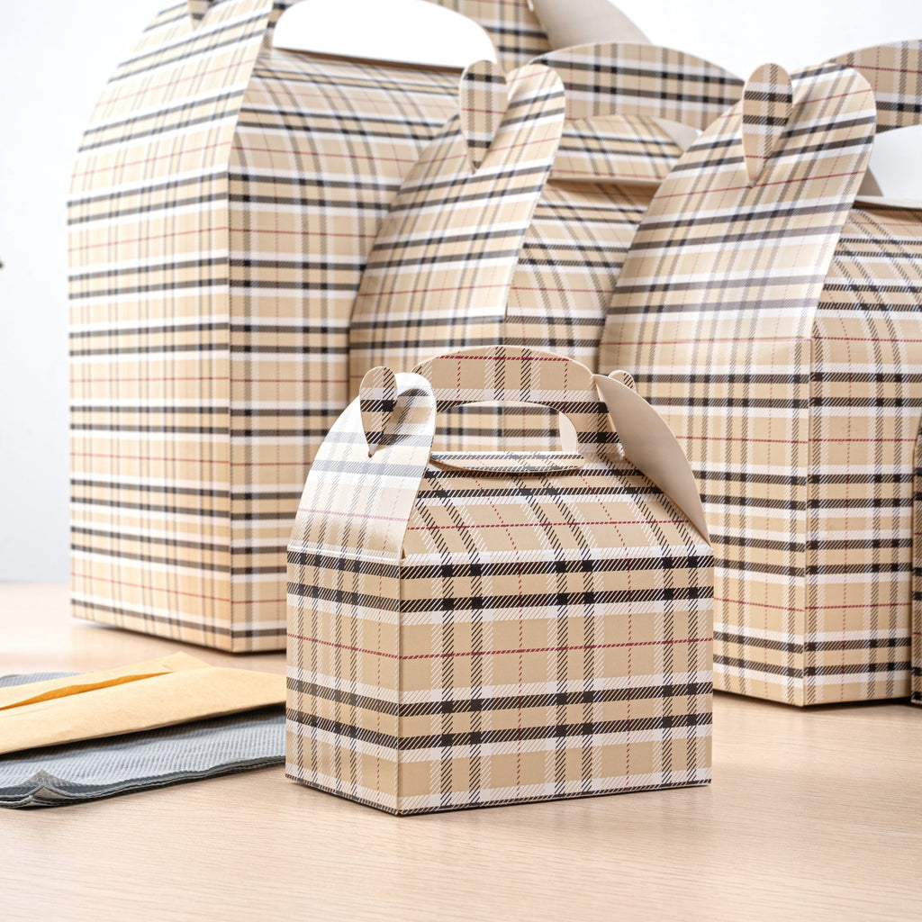 Bio Tek Plaid Paper Gable Box / Take Out Container - Compostable - 4" x 2 1/2" x 2 1/2" - 25 count box