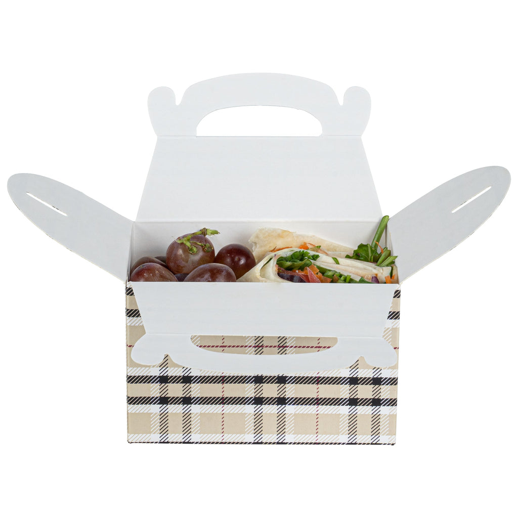 Bio Tek Plaid Paper Gable Box / Take Out Container - Compostable - 4" x 2 1/2" x 2 1/2" - 25 count box