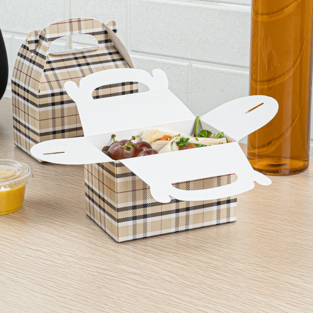 Bio Tek Plaid Paper Gable Box / Take Out Container - Compostable - 4" x 2 1/2" x 2 1/2" - 25 count box