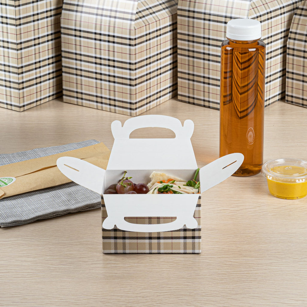 Bio Tek Plaid Paper Gable Box / Take Out Container - Compostable - 4" x 2 1/2" x 2 1/2" - 25 count box