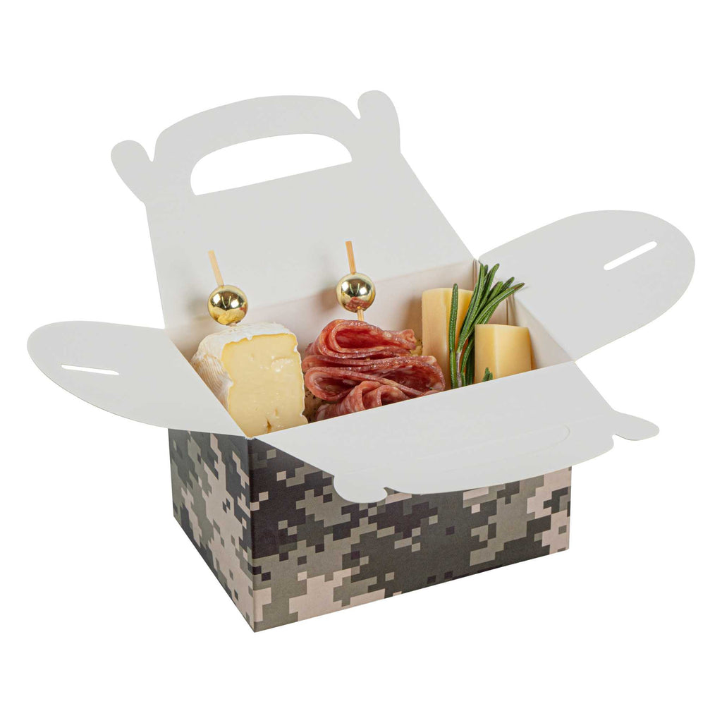 Bio Tek Camouflage Paper Gable Box / Take Out Container - Compostable - 4" x 2 1/2" x 2 1/2" - 25 count box
